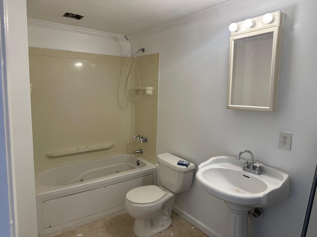 full bathroom with shower / bathing tub combination, sink, tile patterned flooring, toilet, and ornamental molding