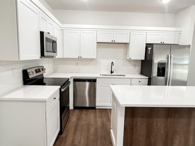 kitchen featuring tasteful backsplash, stainless steel appliances, sink, dark hardwood / wood-style floors, and white cabinetry