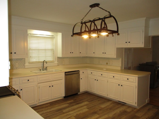 kitchen featuring dishwasher, backsplash, sink, hanging light fixtures, and white cabinetry