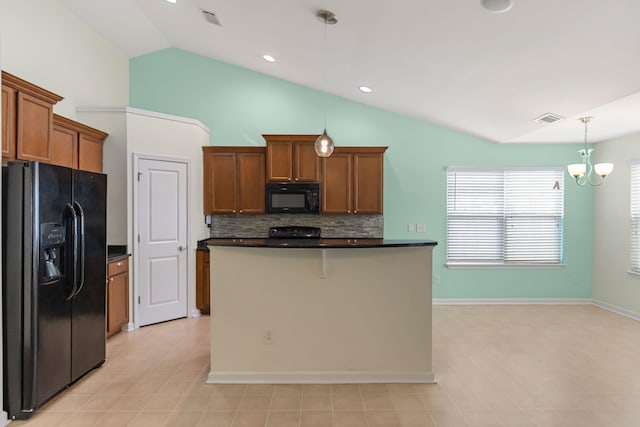 kitchen with decorative backsplash, black appliances, an inviting chandelier, hanging light fixtures, and lofted ceiling