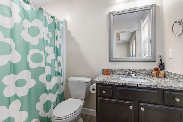 bathroom featuring vanity, wood-type flooring, and toilet