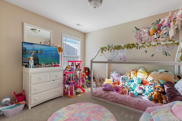 bedroom featuring light colored carpet