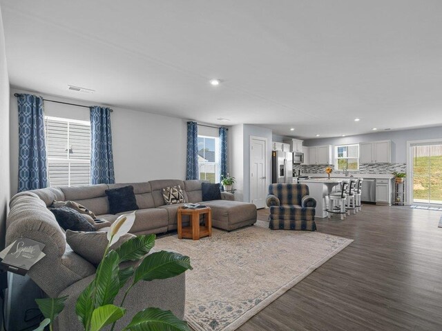 living room featuring dark wood-type flooring