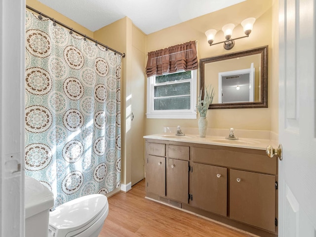 bathroom with toilet, vanity, and hardwood / wood-style flooring