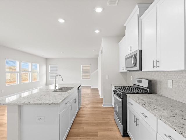 kitchen featuring white cabinetry, stainless steel appliances, sink, and a center island with sink