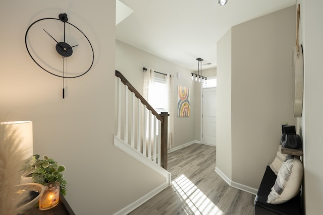 stairs featuring hardwood / wood-style flooring