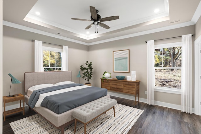 bedroom with a raised ceiling, ceiling fan, and dark hardwood / wood-style floors