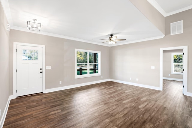 entrance foyer featuring crown molding, ceiling fan, and dark wood-type flooring