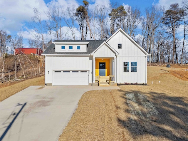 modern farmhouse style home featuring a garage