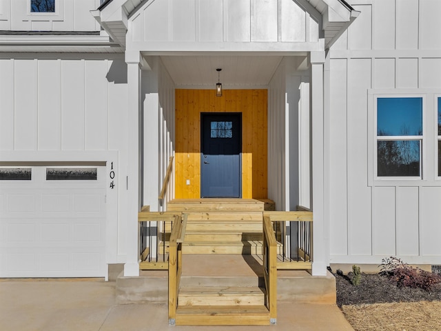 property entrance with a garage