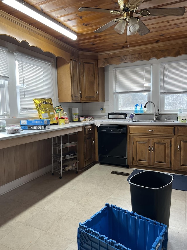 kitchen featuring a wealth of natural light, dishwasher, wood ceiling, and sink