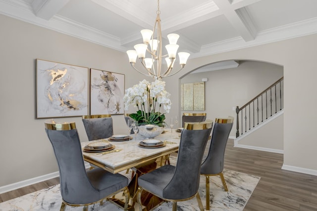 dining space featuring beamed ceiling, dark wood-type flooring, a notable chandelier, and coffered ceiling