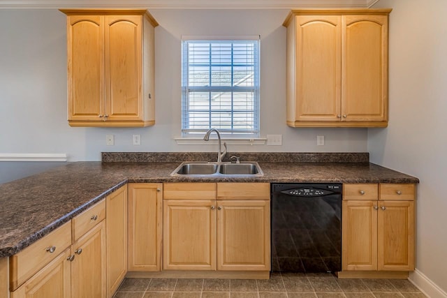 kitchen with dishwasher, light brown cabinets, crown molding, and sink