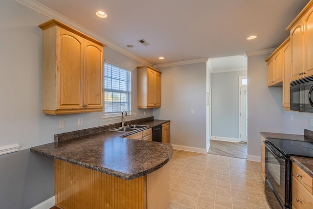 kitchen featuring sink, kitchen peninsula, crown molding, light brown cabinetry, and black appliances