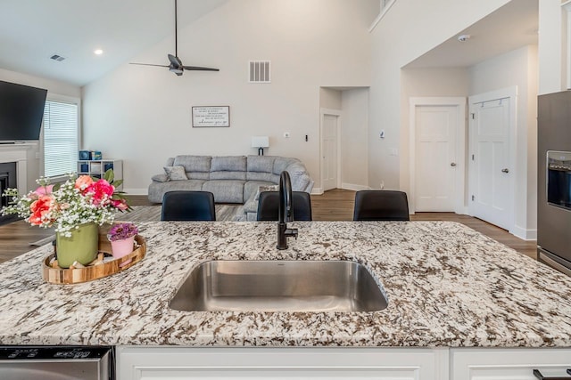 kitchen with light stone countertops, sink, ceiling fan, white cabinets, and appliances with stainless steel finishes