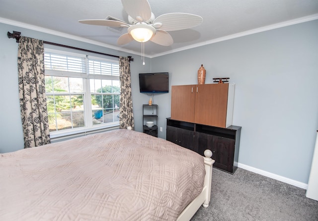 bedroom with ceiling fan, light carpet, and ornamental molding