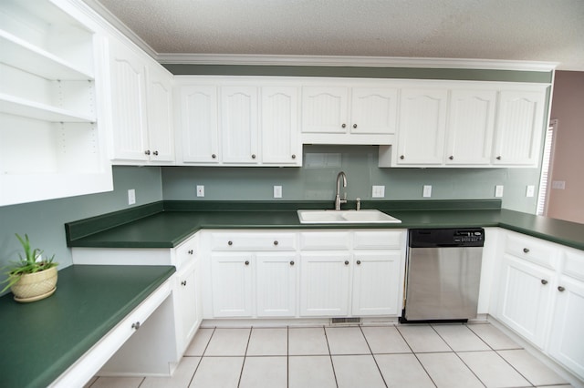 kitchen with dishwasher, a textured ceiling, white cabinets, and sink