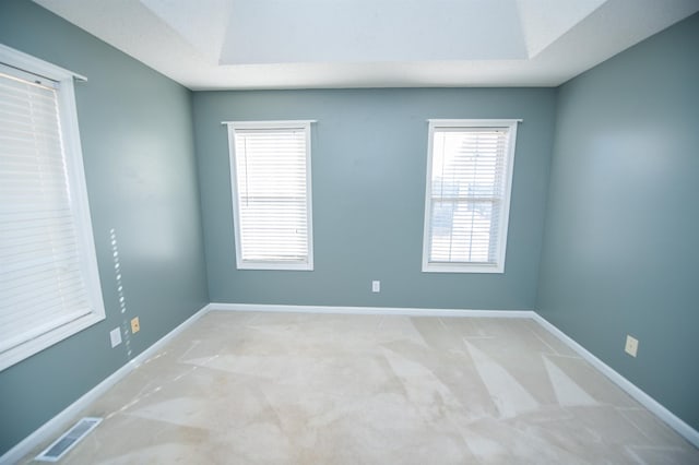 empty room featuring light carpet and a tray ceiling