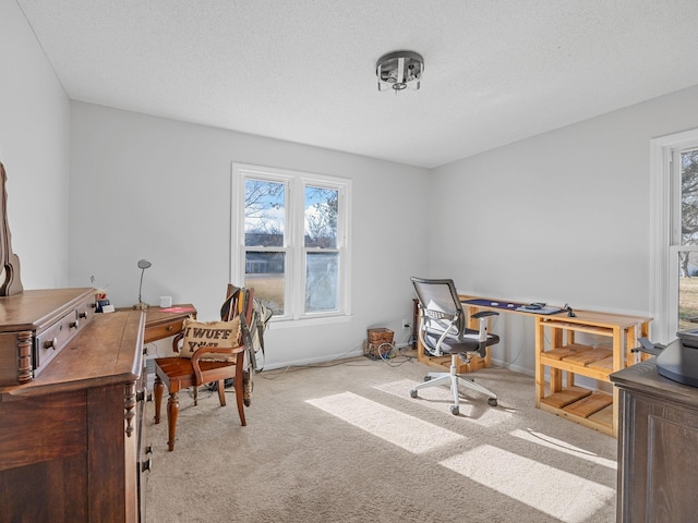 carpeted home office with a textured ceiling