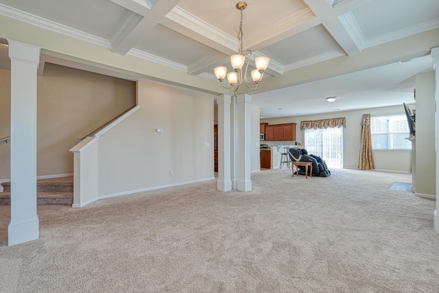 unfurnished living room with beam ceiling, light carpet, and coffered ceiling