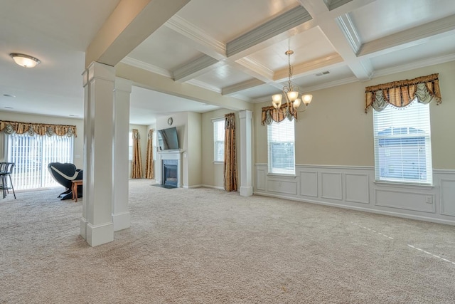 unfurnished living room featuring beam ceiling, light carpet, crown molding, and coffered ceiling