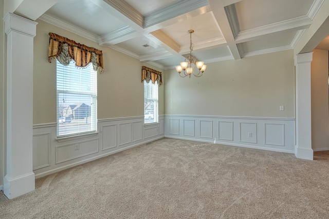 unfurnished room with coffered ceiling, light colored carpet, crown molding, beam ceiling, and a notable chandelier