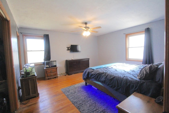 bedroom with multiple windows, hardwood / wood-style floors, and ceiling fan