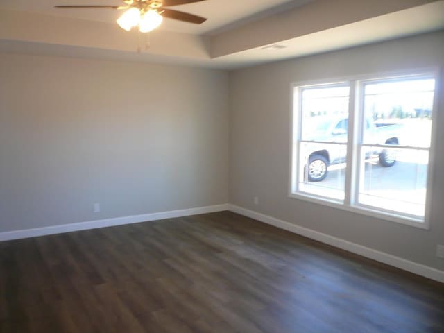 empty room featuring a raised ceiling, a wealth of natural light, ceiling fan, and dark hardwood / wood-style floors