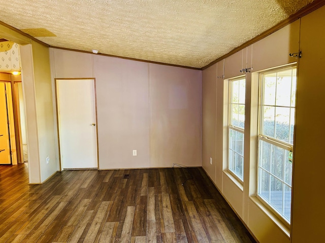 empty room featuring ornamental molding, a textured ceiling, and dark wood-type flooring