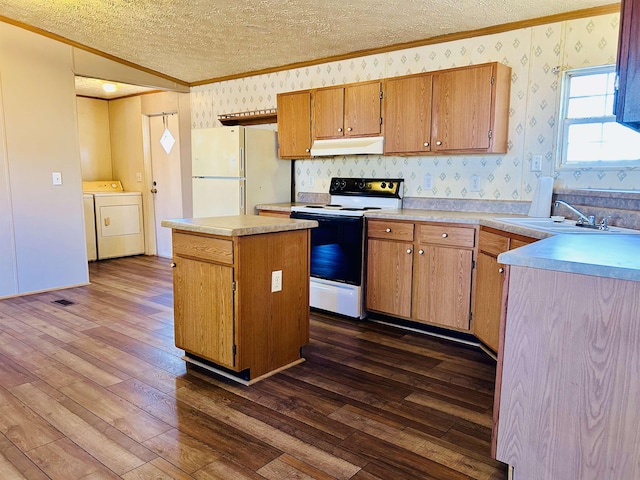 kitchen with sink, electric range oven, dark hardwood / wood-style flooring, white refrigerator, and washer and dryer