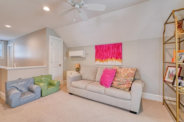 living room featuring a wall unit AC, ceiling fan, carpet flooring, and vaulted ceiling