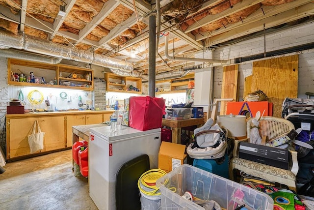 basement with brick wall