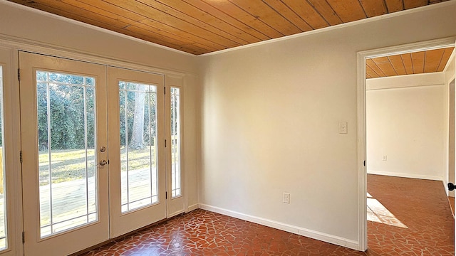 doorway featuring a healthy amount of sunlight, french doors, wood ceiling, and ornamental molding