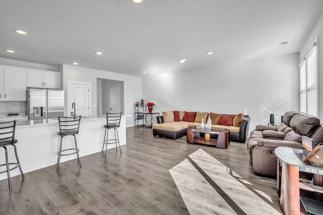 living room with light hardwood / wood-style floors and sink