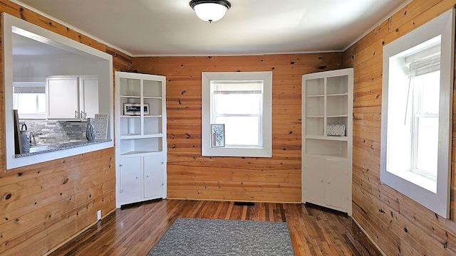 kitchen with dark hardwood / wood-style flooring and wood walls