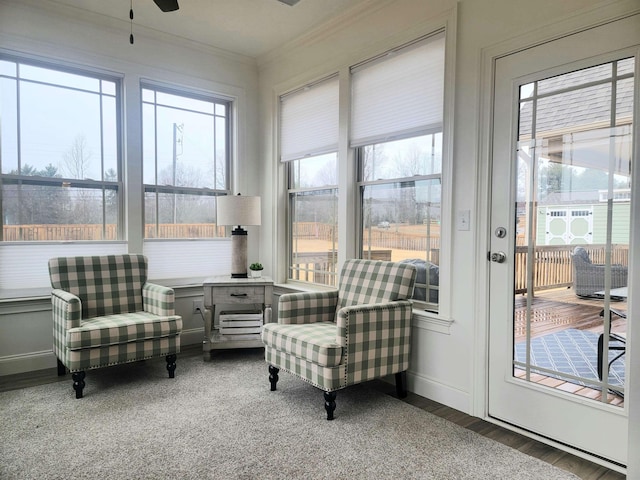 sunroom with ceiling fan