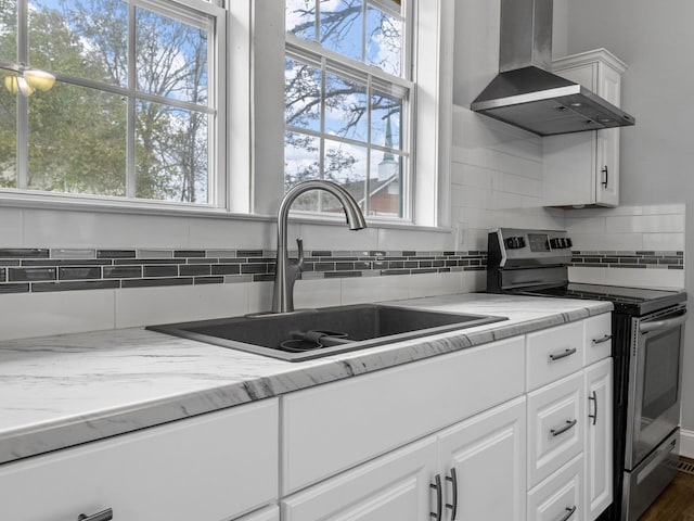 kitchen with white cabinetry, electric range, sink, wall chimney exhaust hood, and backsplash