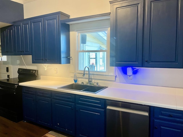 kitchen featuring blue cabinetry, black range with electric stovetop, sink, dark wood-type flooring, and stainless steel dishwasher