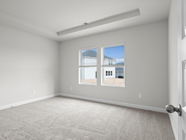 carpeted empty room featuring a raised ceiling