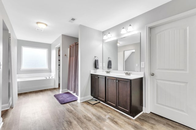 bathroom featuring vanity, wood-type flooring, and a tub