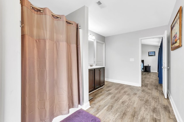 bathroom featuring hardwood / wood-style floors and vanity