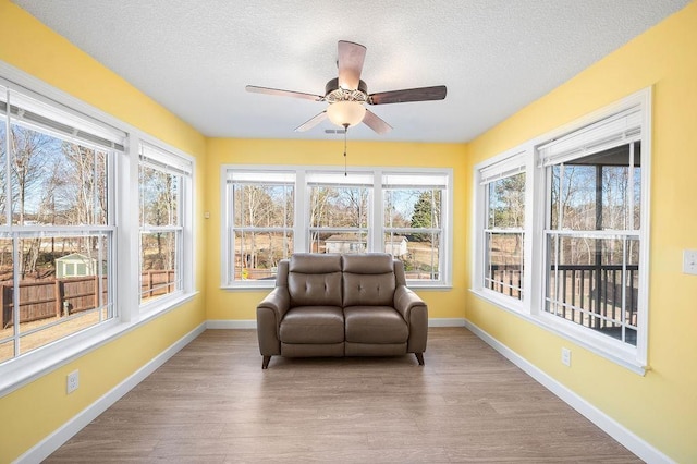 sunroom / solarium featuring ceiling fan