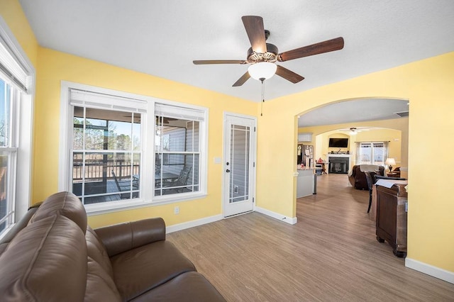 living room with ceiling fan and light hardwood / wood-style floors