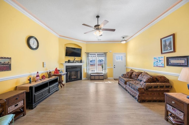 living room with light wood-type flooring, ceiling fan, and crown molding