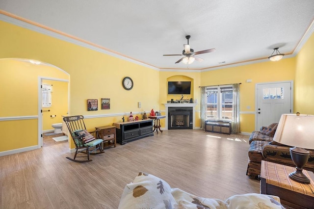 living room with crown molding, ceiling fan, and light hardwood / wood-style floors