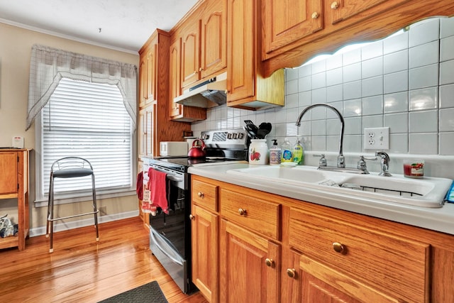 kitchen featuring sink, tasteful backsplash, light hardwood / wood-style floors, stainless steel electric stove, and ornamental molding