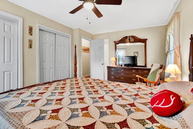 bedroom featuring multiple windows, ceiling fan, and crown molding