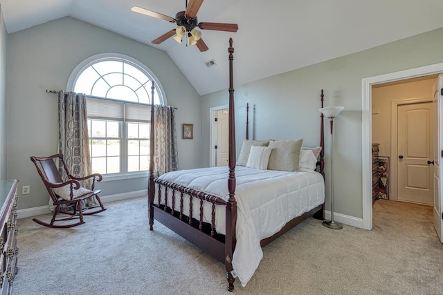 carpeted bedroom featuring ceiling fan and vaulted ceiling