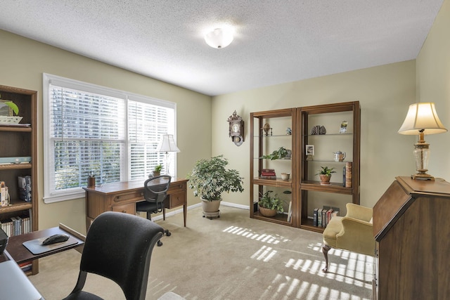 home office with light carpet and a textured ceiling