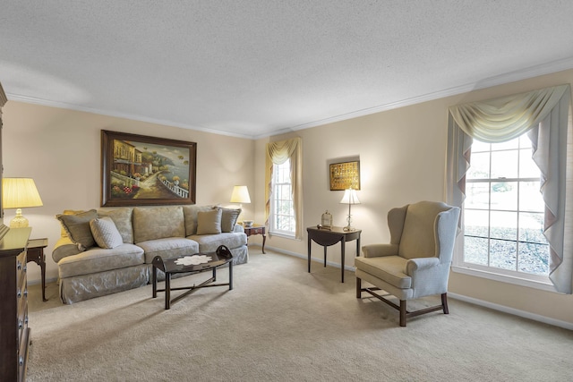 living room with light colored carpet, a textured ceiling, and ornamental molding